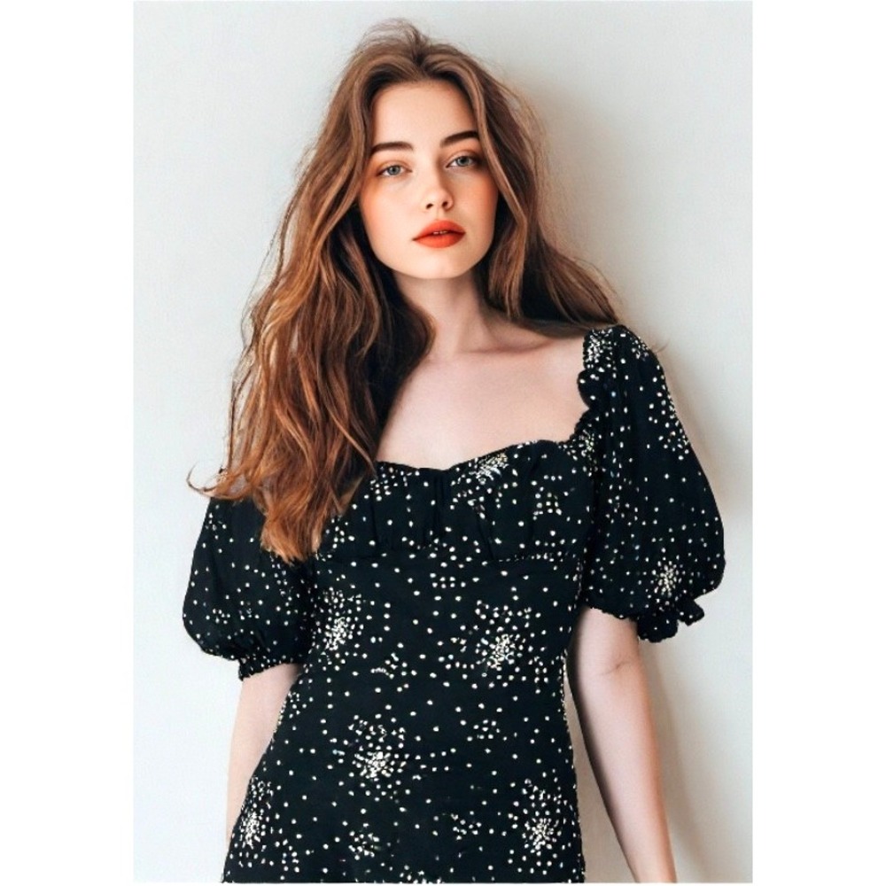 Anthropologie Heart Print Dress Half Sleeve Square-neck Rayon Black Size X-Small